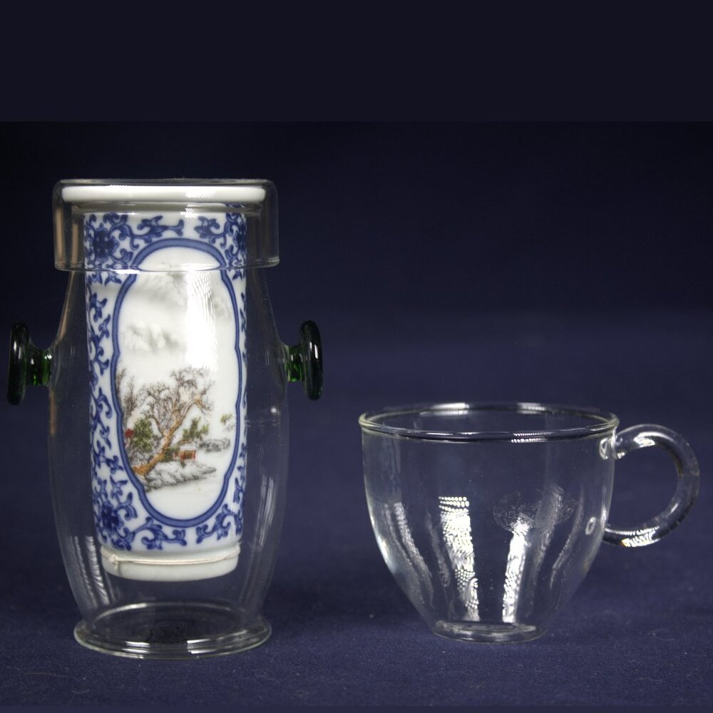 Three Piece Unused Glass & Ceramic Tea Infuser with Landscape Scenes and Glass T